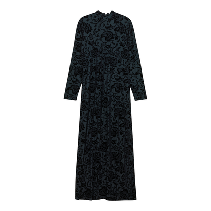 Mock Neck Flocked Chiffon Maxi Dress Hunter