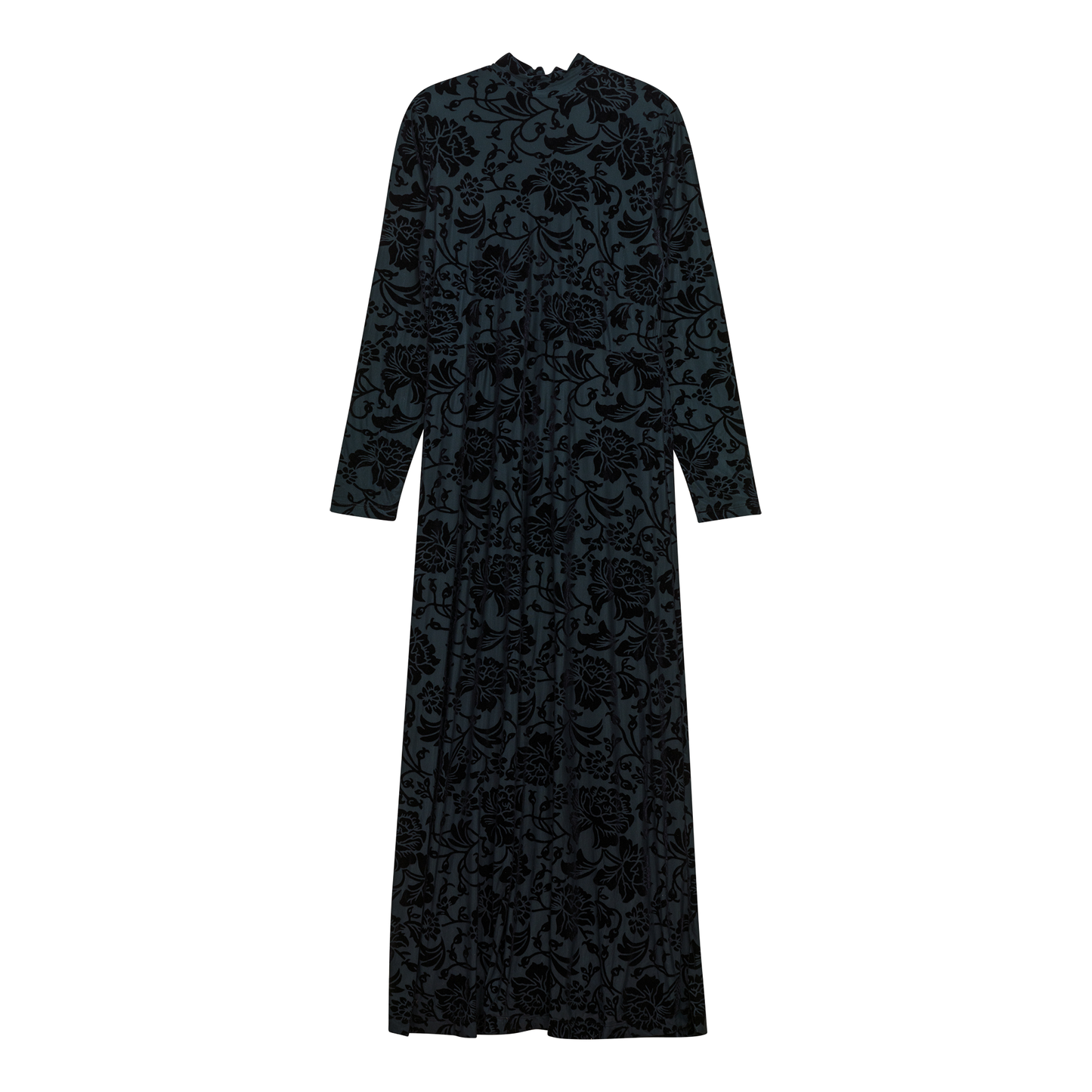 Mock Neck Flocked Chiffon Maxi Dress Hunter