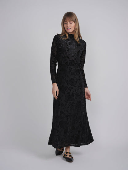 Mock Neck Flocked Chiffon Maxi Dress