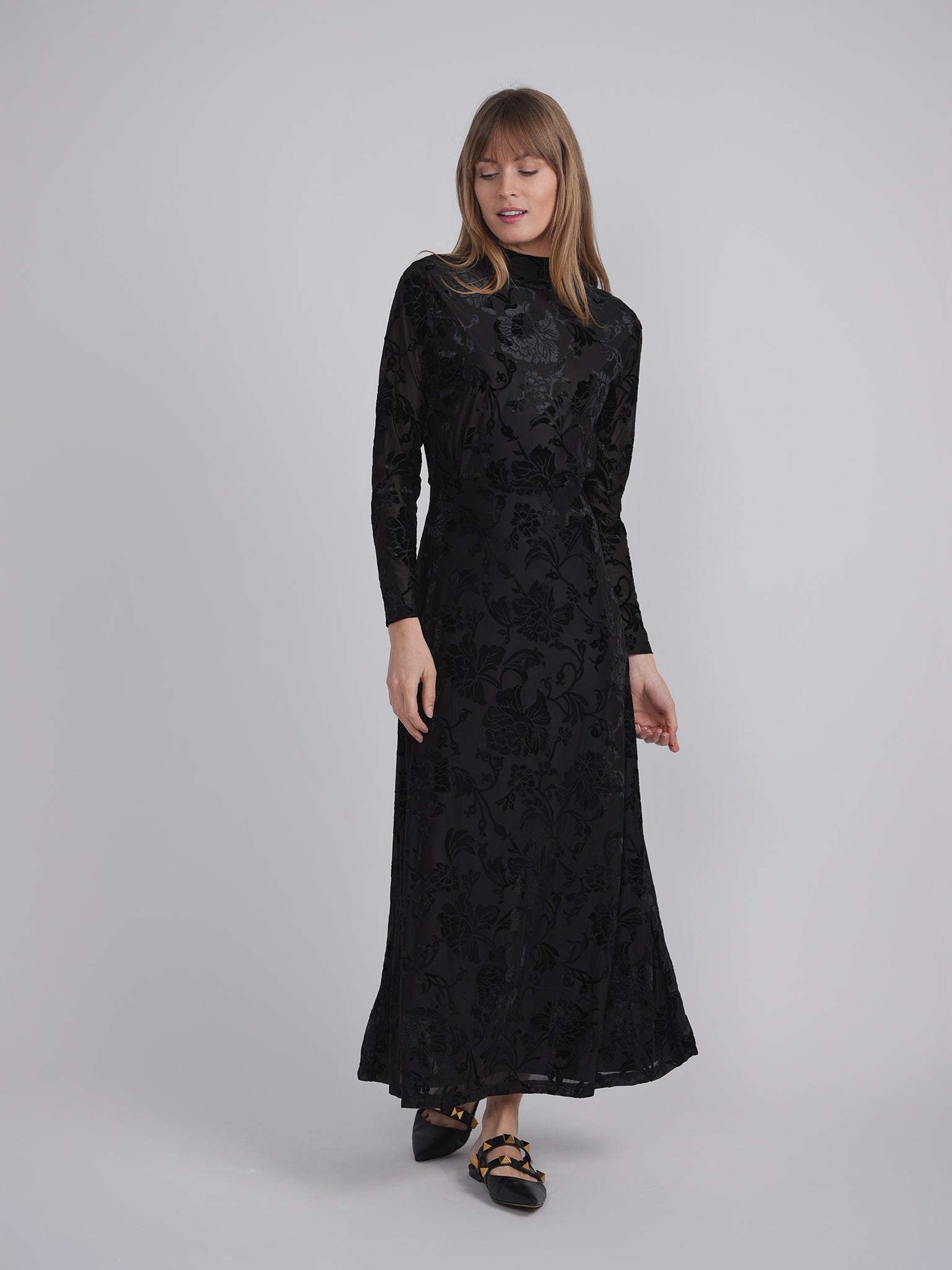 Mock Neck Flocked Chiffon Maxi Dress