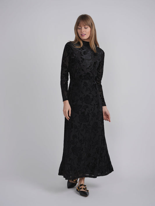 Mock Neck Flocked Chiffon Maxi Dress