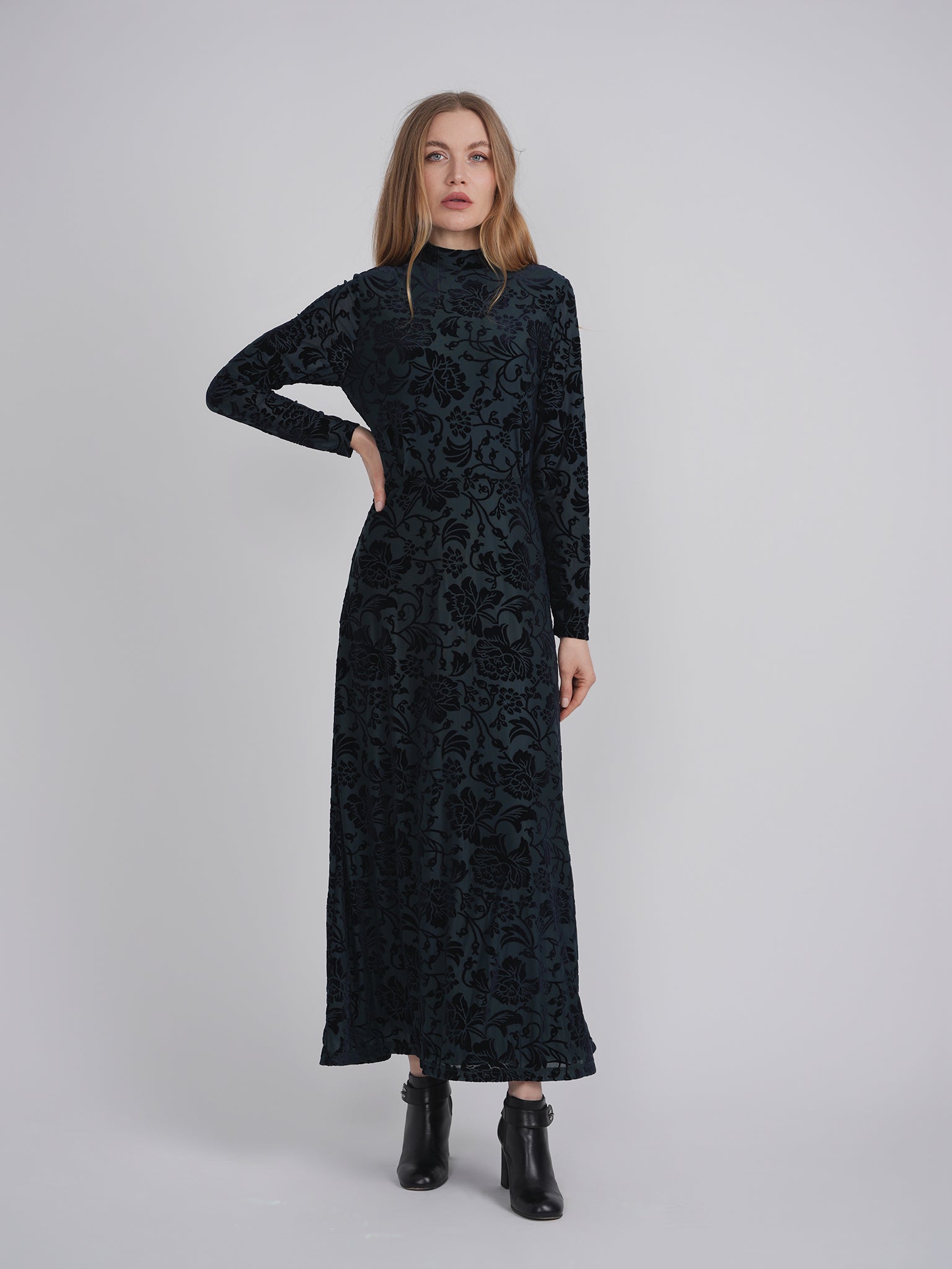 Mock Neck Flocked Chiffon Maxi Dress