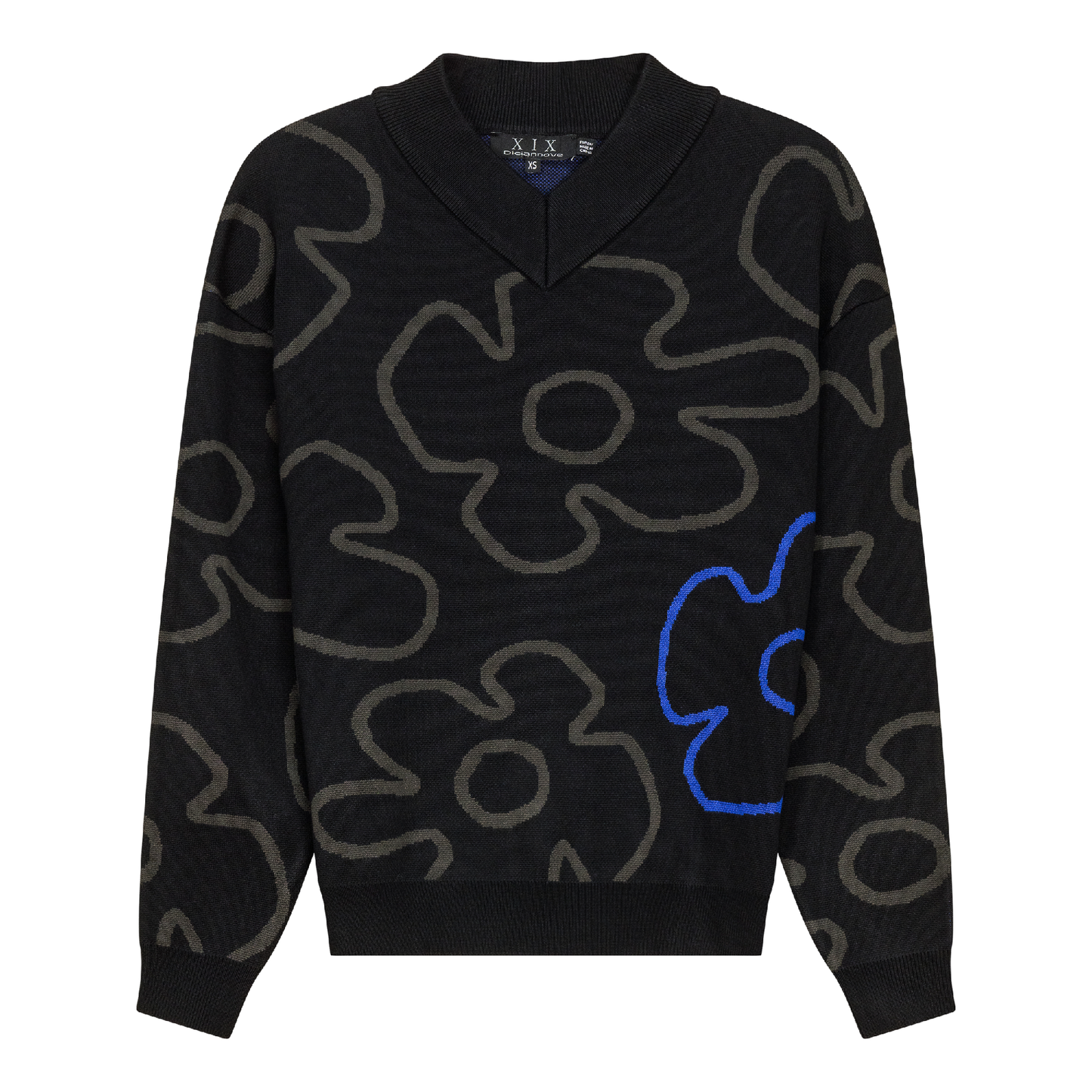 V Neck Floral Knit Sweater Black