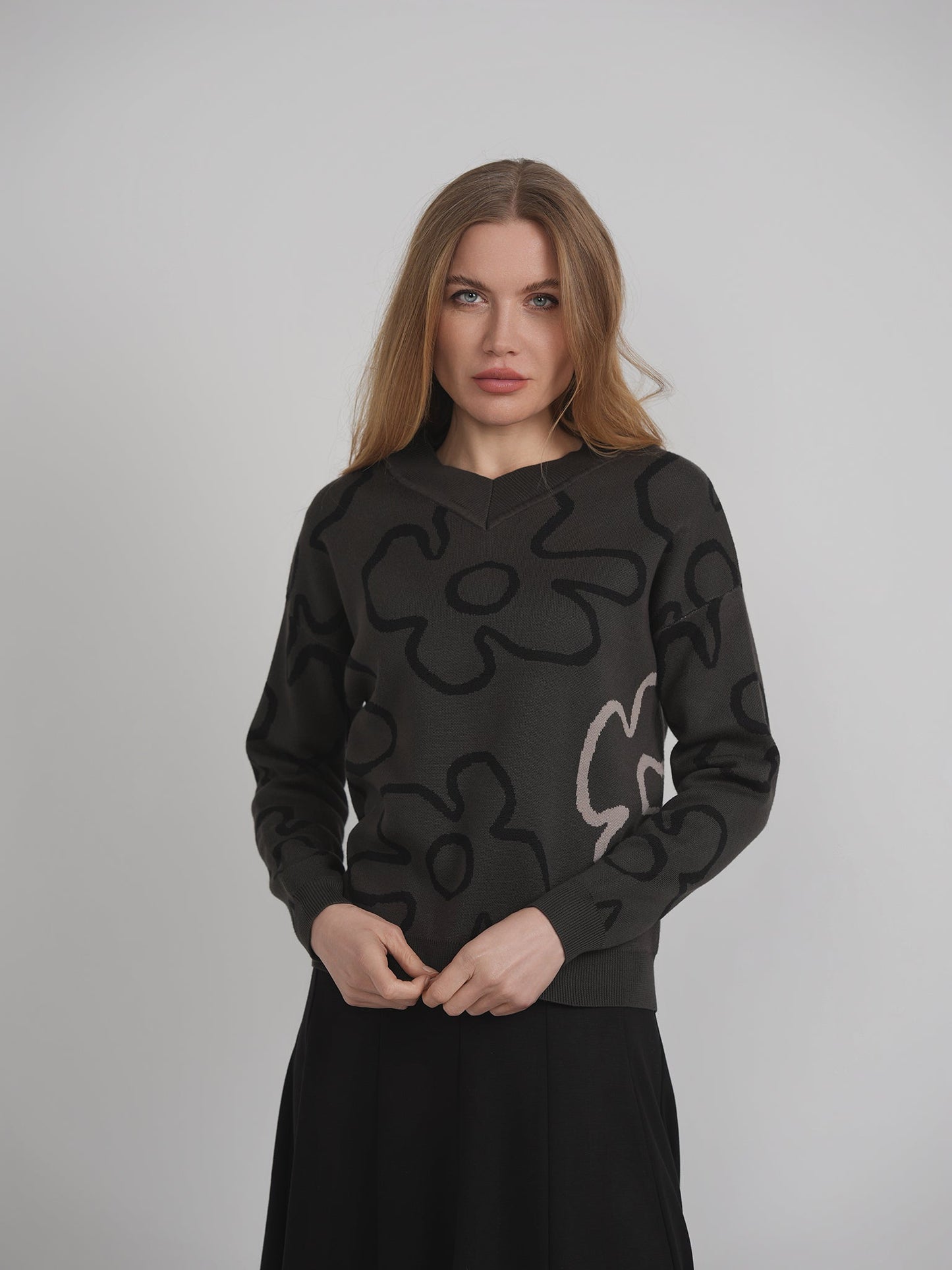 V Neck Floral Knit Sweater