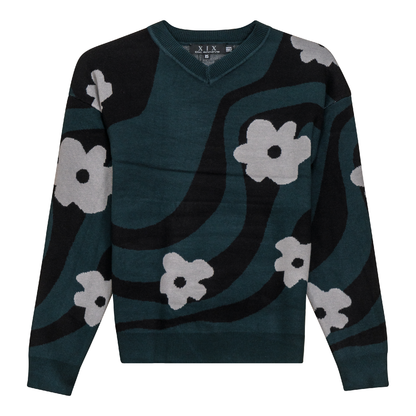 V Neck Floral Knit Sweater Deep Teal Black