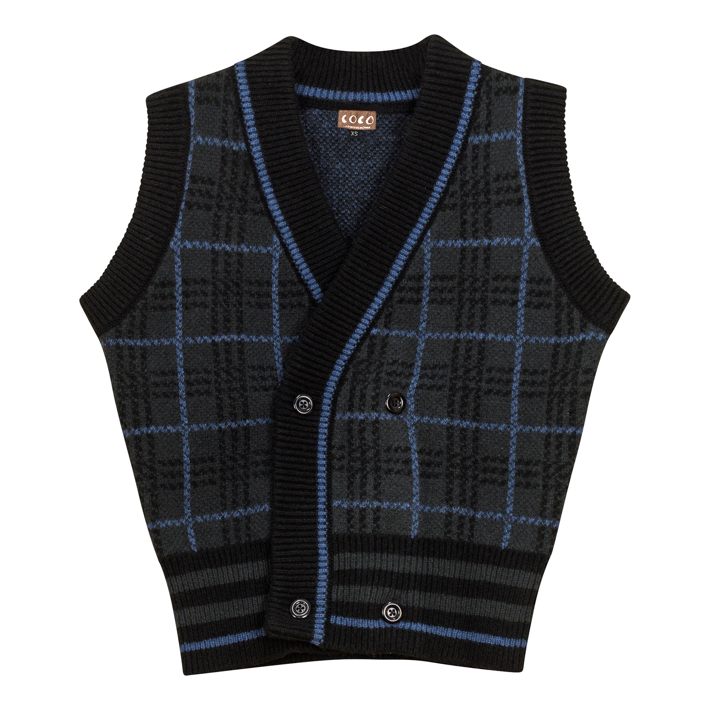 Knit Plaid Double Breasted Vest Charcoal