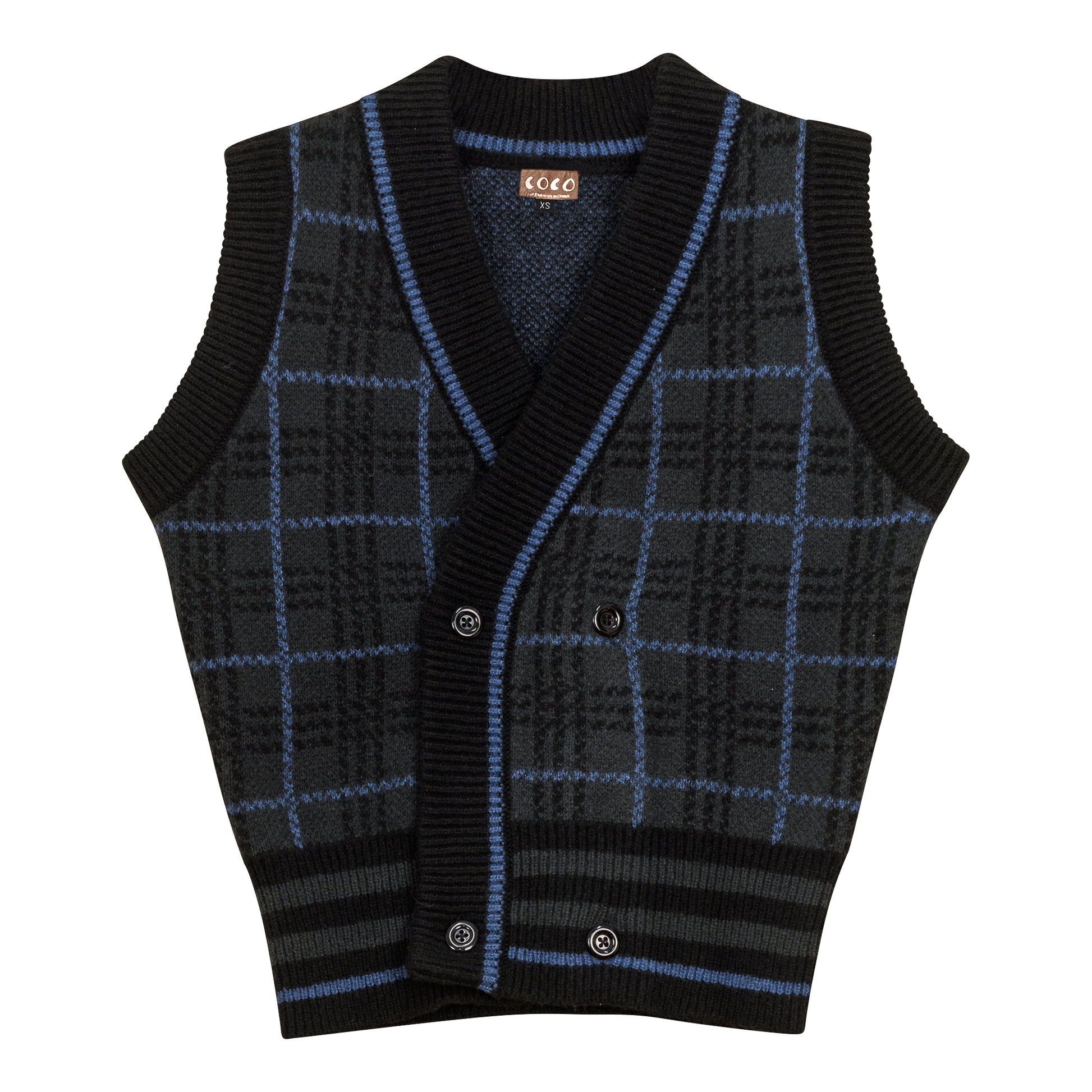 Knit Plaid Double Breasted Vest Charcoal