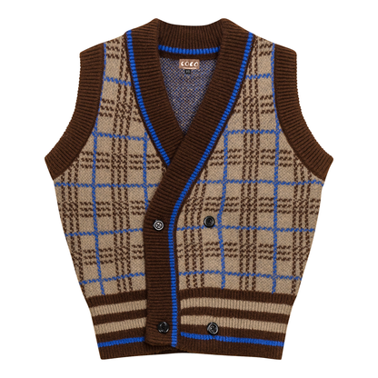 Knit Plaid Double Breasted Vest Mocha