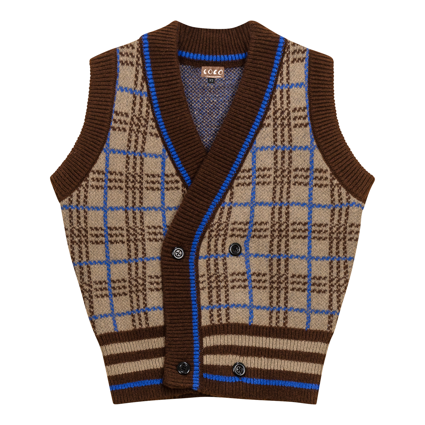 Knit Plaid Double Breasted Vest Mocha