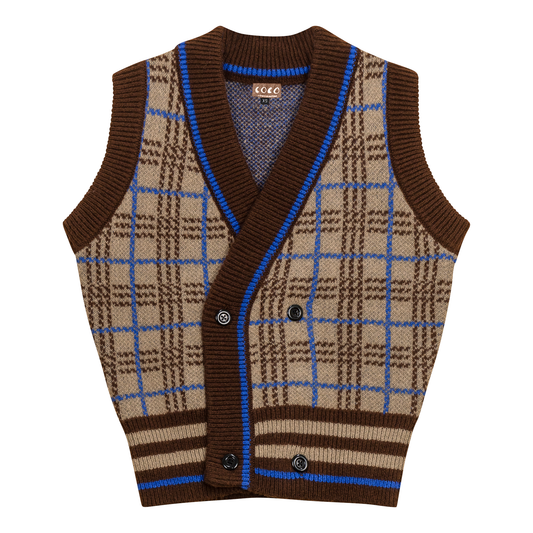 Knit Plaid Double Breasted Vest Mocha
