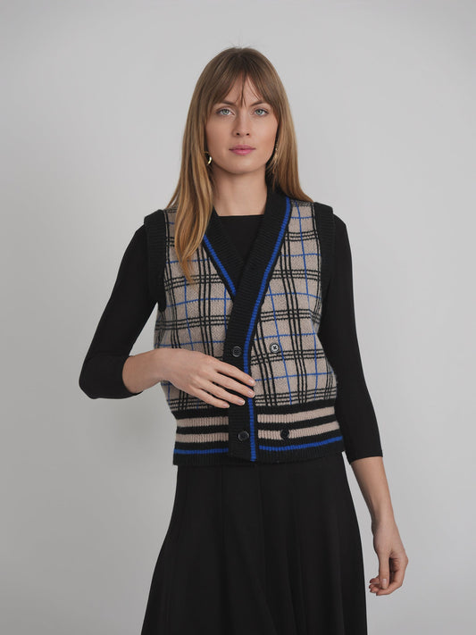 Knit Plaid Double Breasted Vest