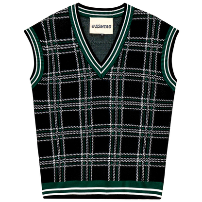 Plaid Knit Vest Black Green