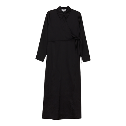 Satin Wrap Shirt Dress Black