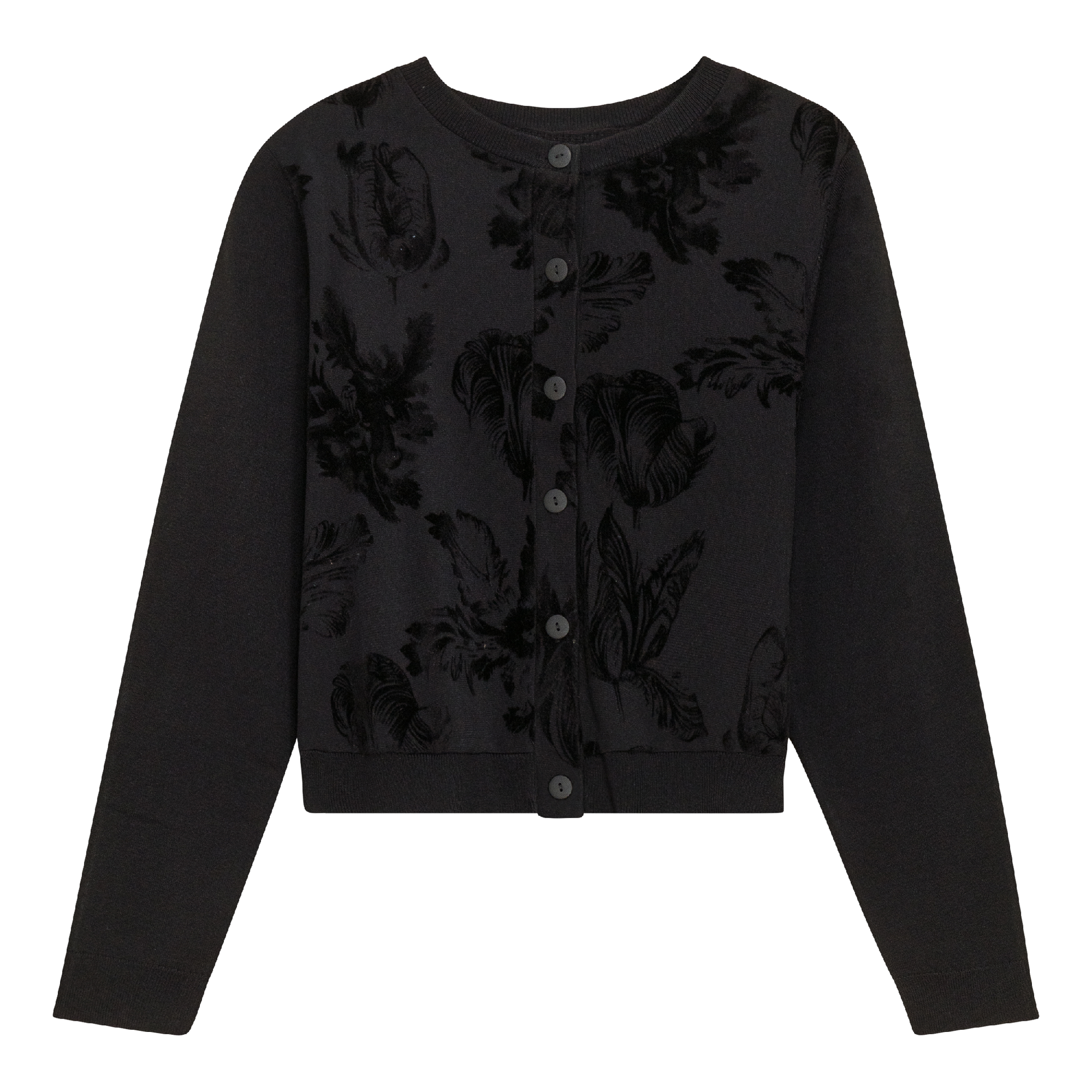 Cropped Flocked Velour Knit Cardigan Black