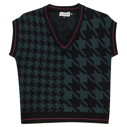 Houndstooth Contrast Knit Vest Black Deep Teal