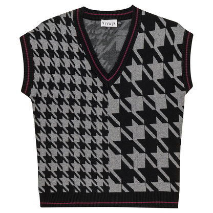 Houndstooth Contrast Knit Vest Black Medium Grey