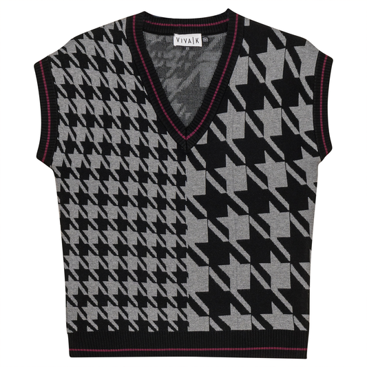 Houndstooth Contrast Knit Vest Black Medium Grey