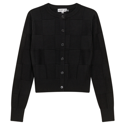 Checked Knit Cropped Cardigan Black