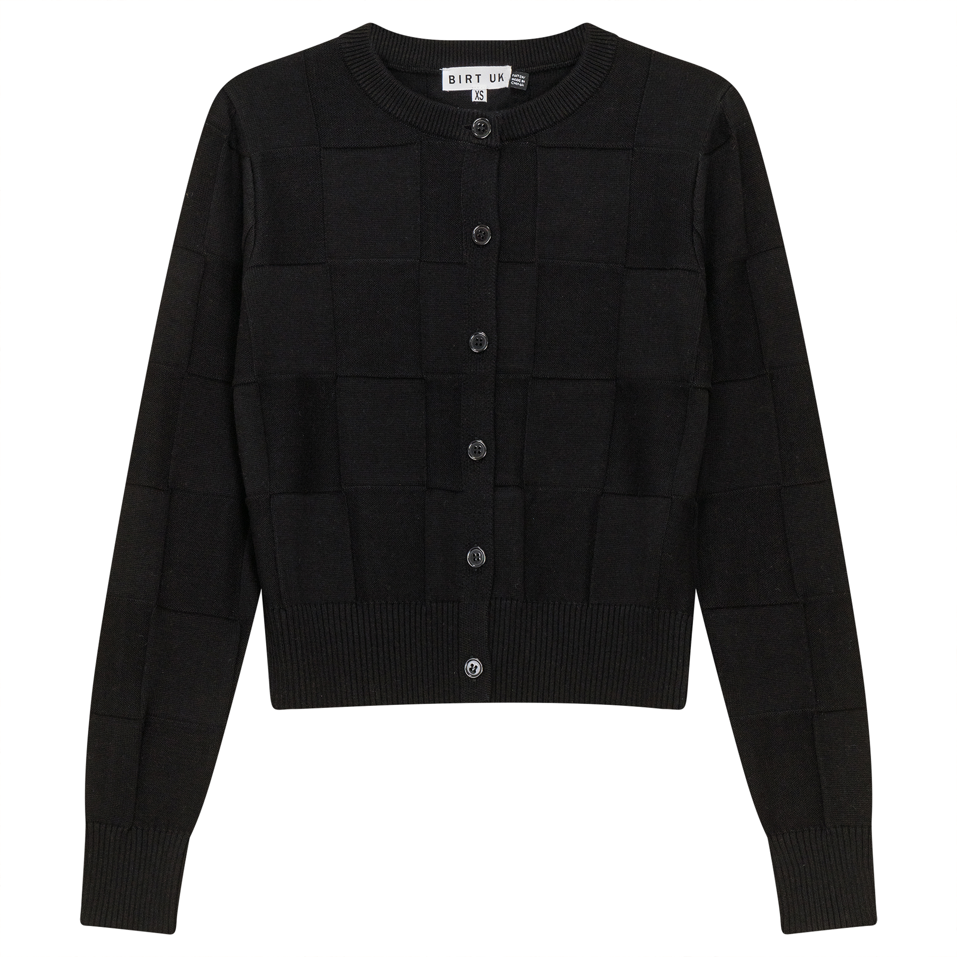 Checked Knit Cropped Cardigan Black