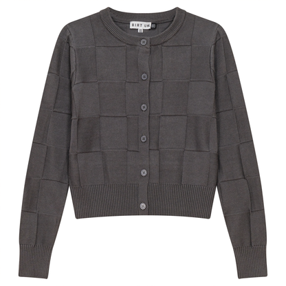 Checked Knit Cropped Cardigan Dark Grey Mix