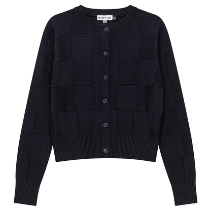 Checked Knit Cropped Cardigan Dark Navy