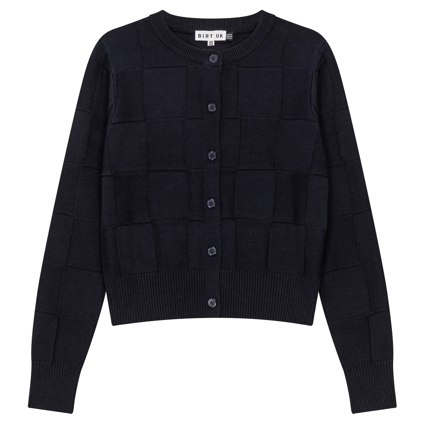 Checked Knit Cropped Cardigan Dark Navy
