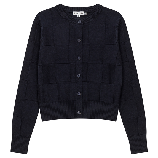 Checked Knit Cropped Cardigan Dark Navy