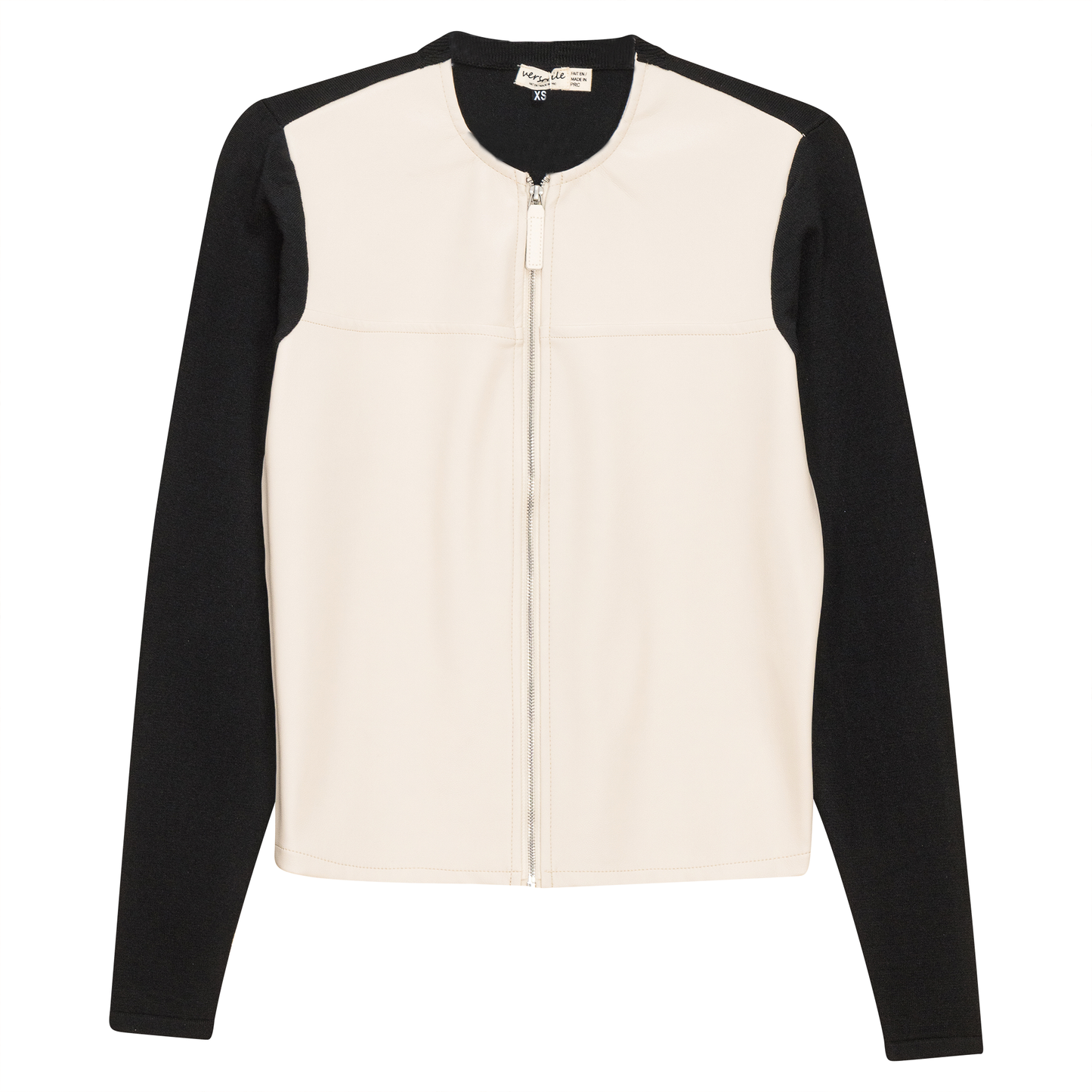 Leather Knit Combo Jacket Cream Black