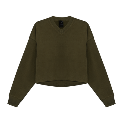 V Neck Cropped Sweatshirt Dark Olive