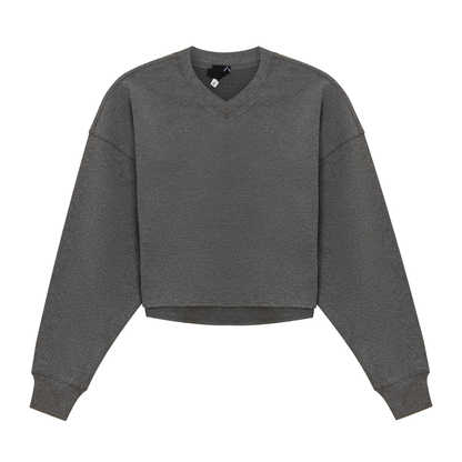 V Neck Cropped Sweatshirt Medium Grey Mix