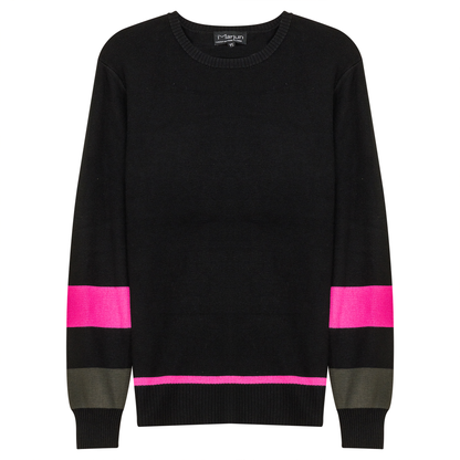 Zipper Side Color Contrast Knit Sweater Black Fushia