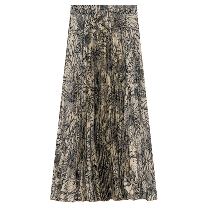 Accordian Pleated Printed Chiffon Midi Skirt Black Stone