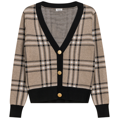 Plaid Knit Cardigan Oatmeal Black