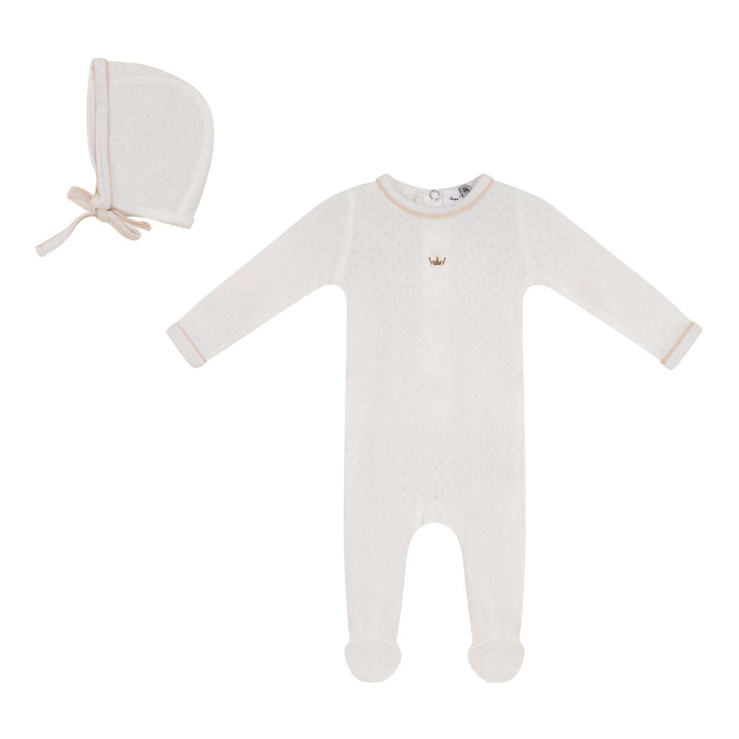 Pointelle Knit Onesie with Bonnet Off White