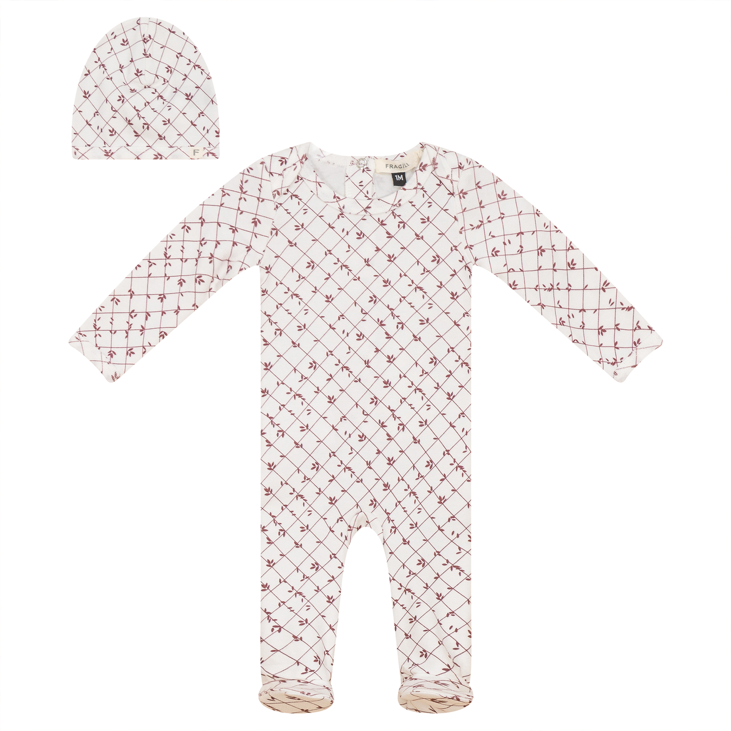 Printed Ribbed Onesie with Hat White Burgundy