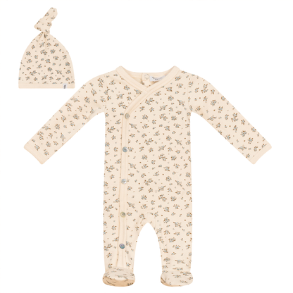Flower Print Onesie with Hat Cream
