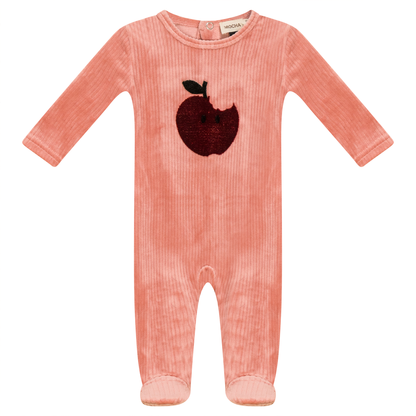 Apple Print Cotton Velour Onesie Clay