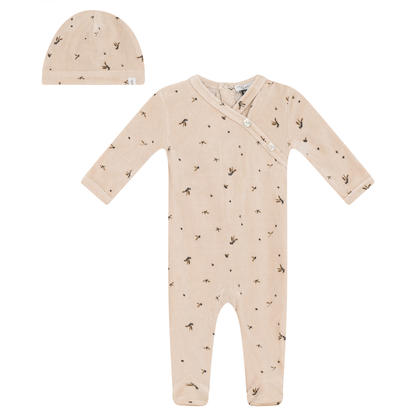 Leaf Print Velour Onesie Set Biscuit