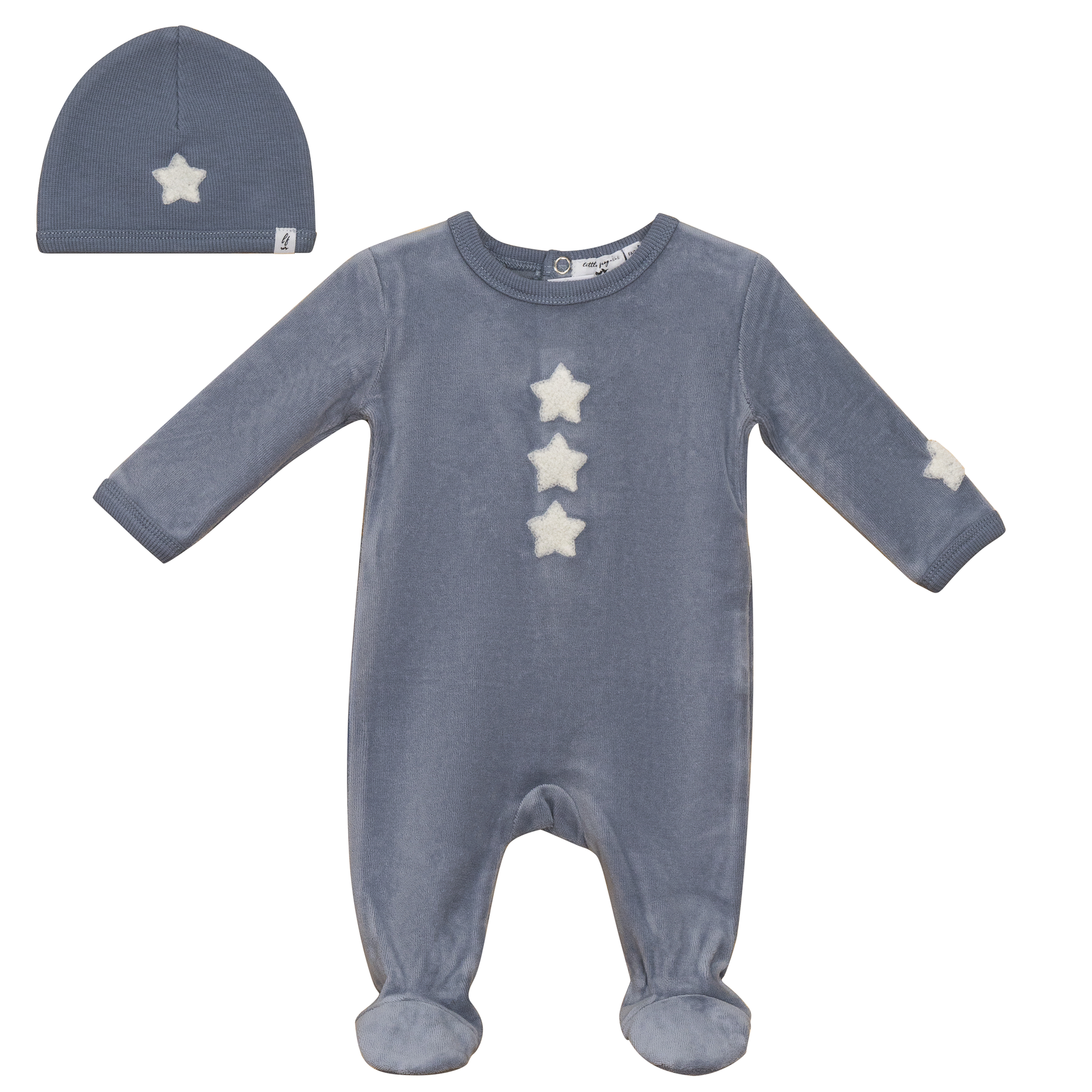 Velour Hook Stitch Onesie with Hat Blue Grey Off White