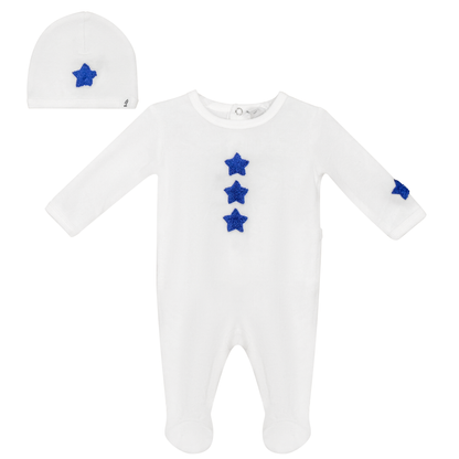 Velour Hook Stitch Onesie with Hat Off White Navy