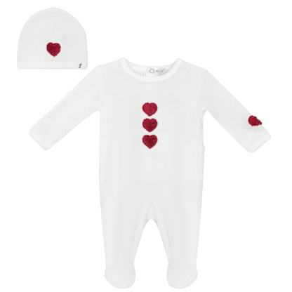 Velour Hook Stitch Onesie with Hat Off White Red