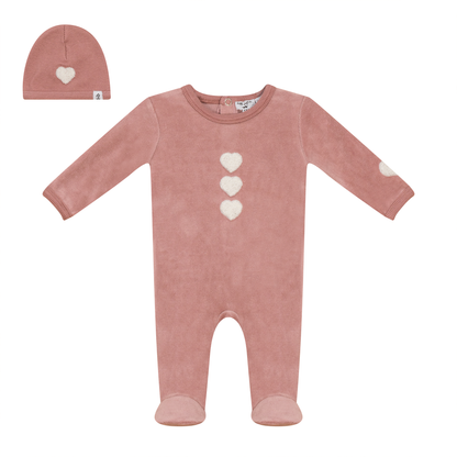 Velour Hook Stitch Onesie with Hat Pink Off White
