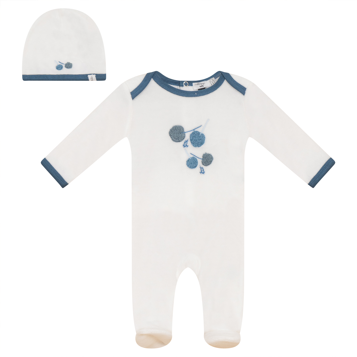 Velour Cherry Print Onesie with Hat Off White Blue