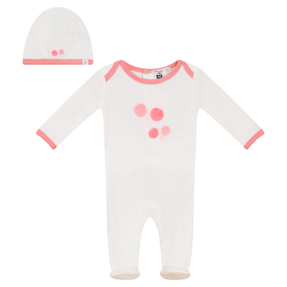 Velour Cherry Print Onesie with Hat Off White Pink