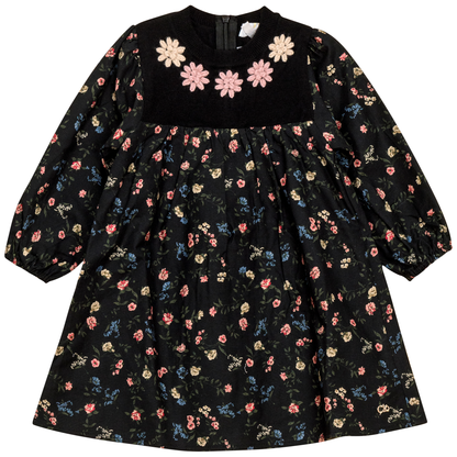 Flower Print Embroidered Dress Black