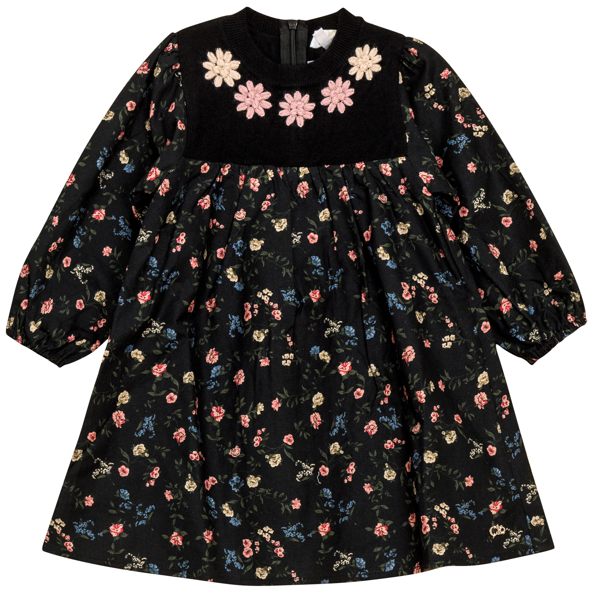 Flower Print Embroidered Dress Black