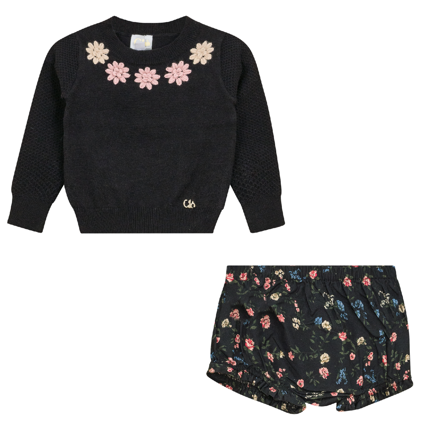 Flower Print Embroidered Set Black