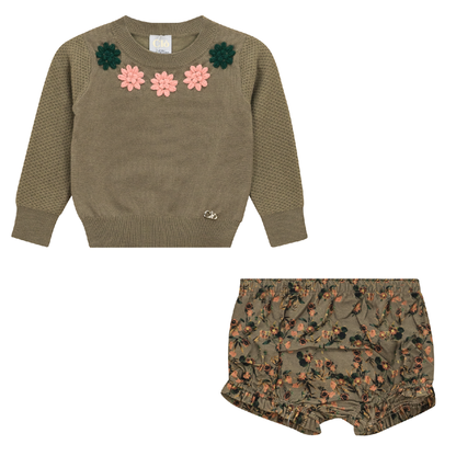 Flower Print Embroidered Set Olive