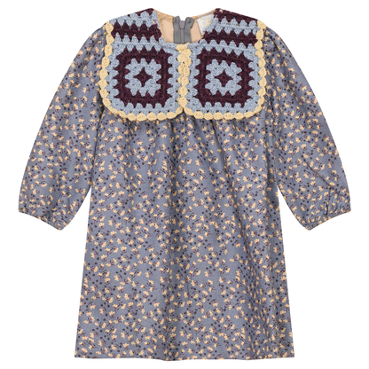 Woven Suede Flower Print Dress Blue Grey