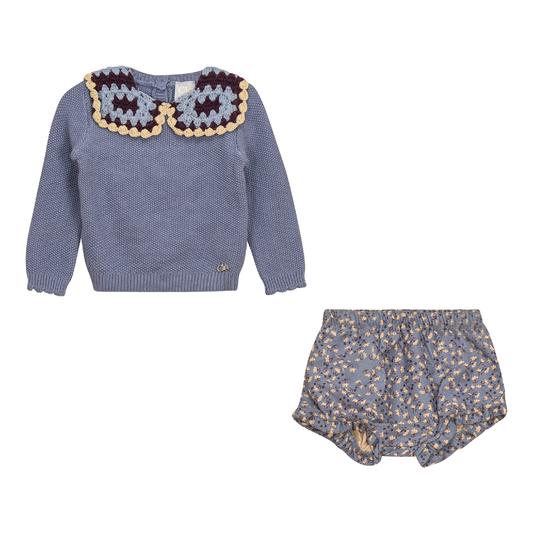 Woven Suede Flower Print 2Pc Set Blue Grey